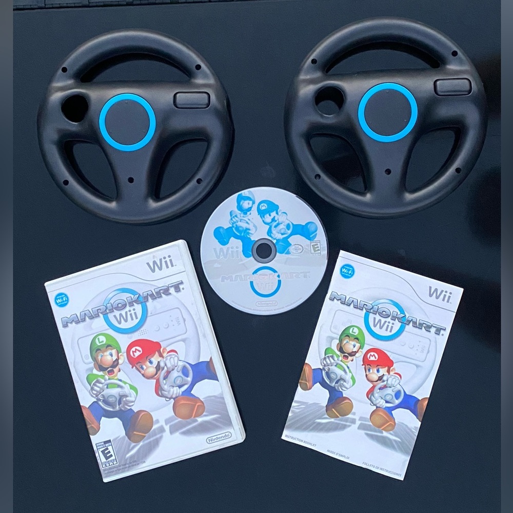 Resurfaced/Tested Nintendo Wii Mario Kart Complete Game +2 Black Sport Wheels